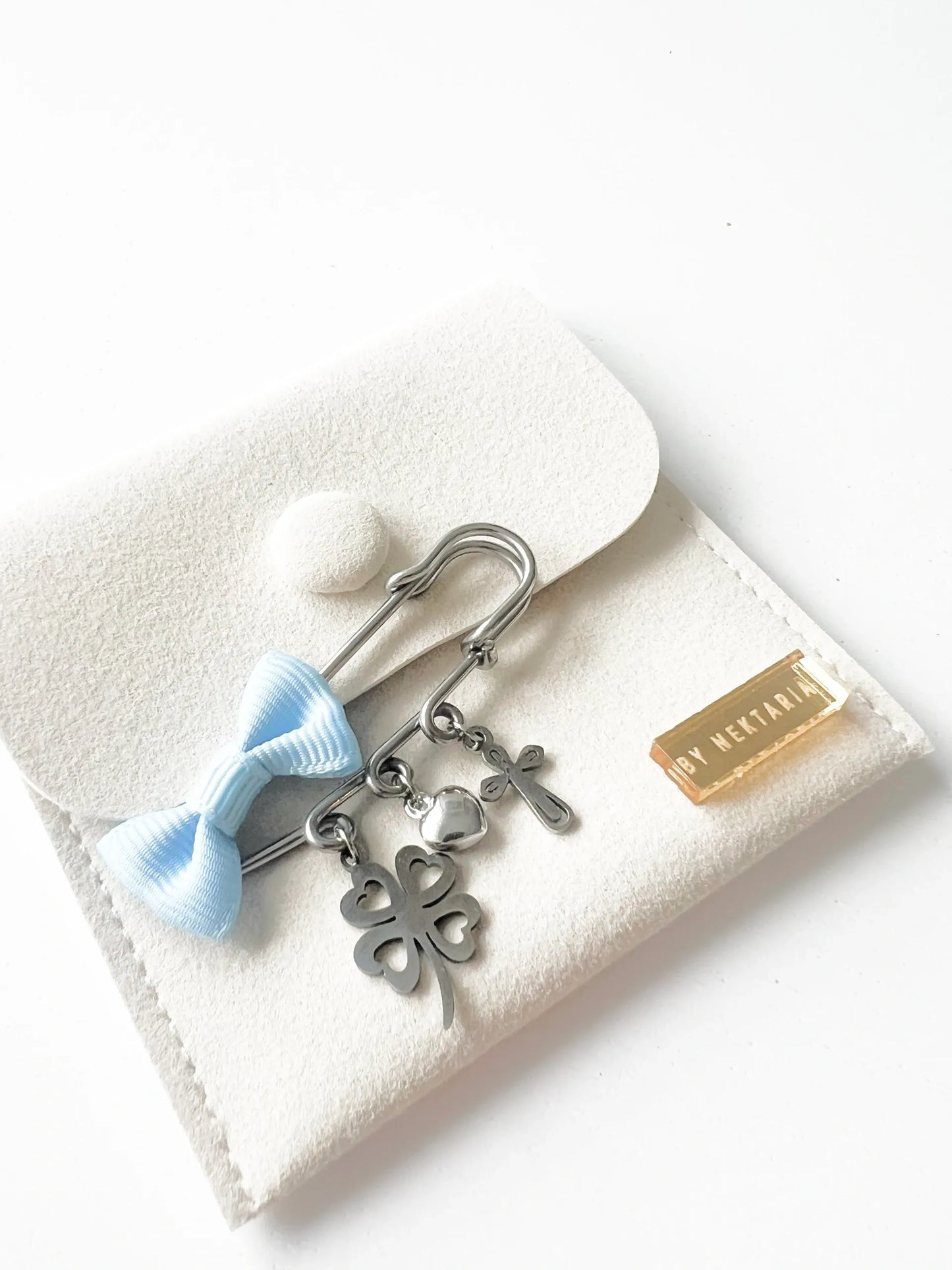 Silver Four-Leaf Clover, heart and cross charm Protection Pin