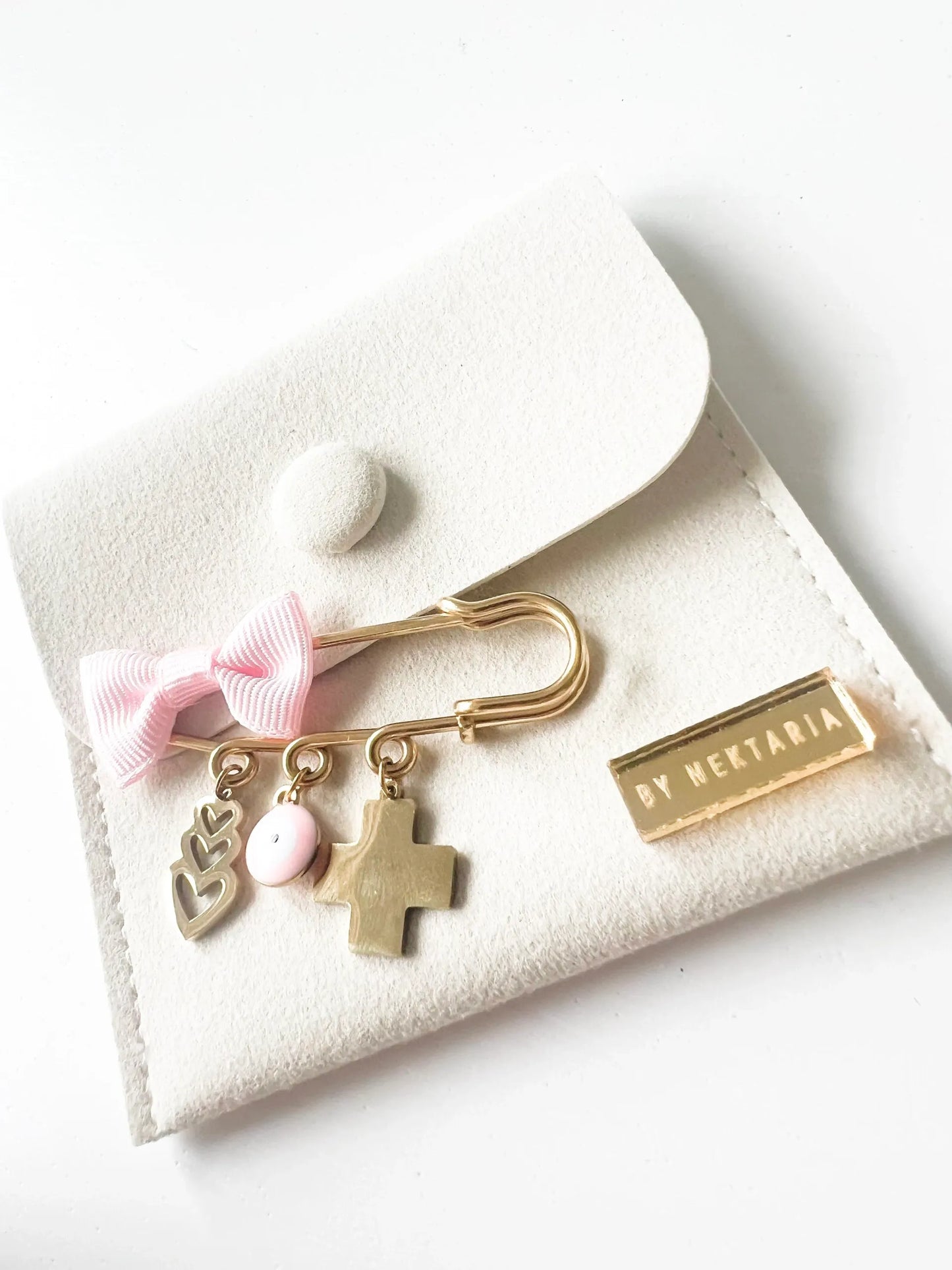 Pink Bow, Gold Cross & Mati Φυλαχτό Protection Pin