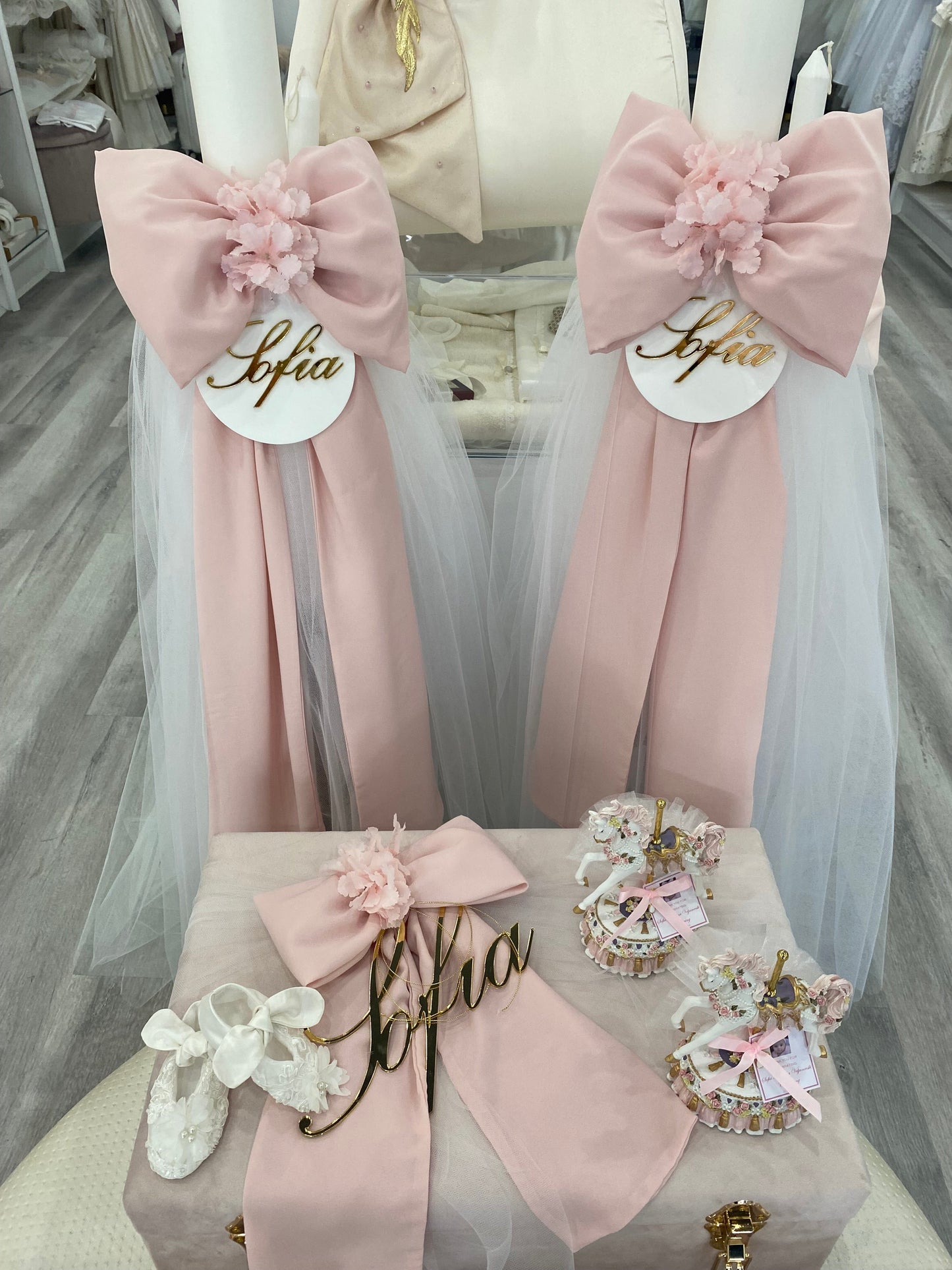 Orthodox Christening Candle - Pink Georgette Bow