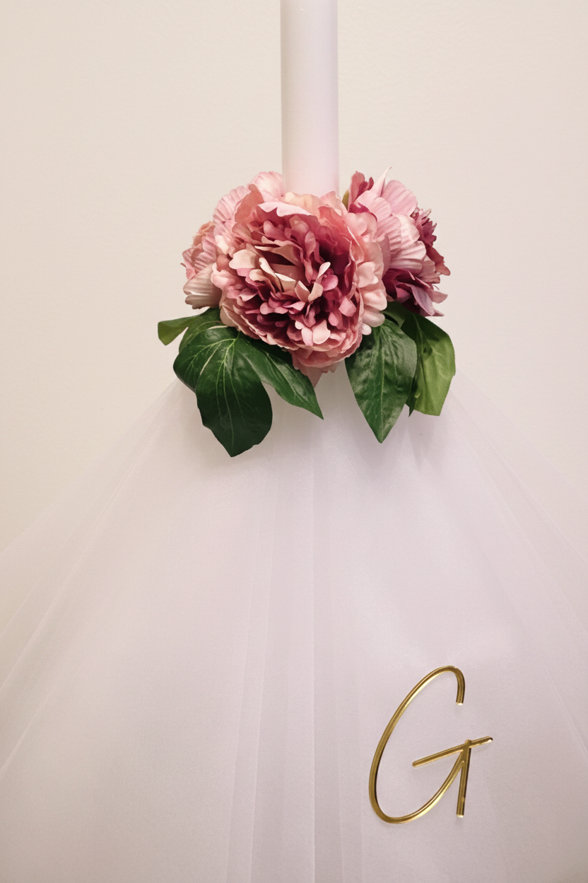 Orthodox Christening Candle - Peonie Dream with Gold Personalised Initial