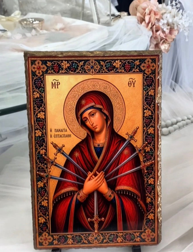 Orthodox Icon on Slate - Panagia with Seven Swords