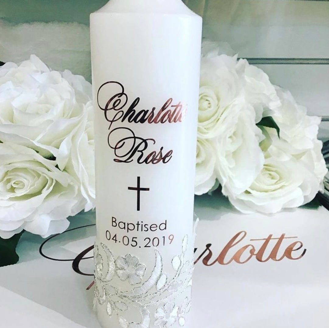 Catholic Christening / Baptism Candle - Rose | Pandora Designs Melbourne