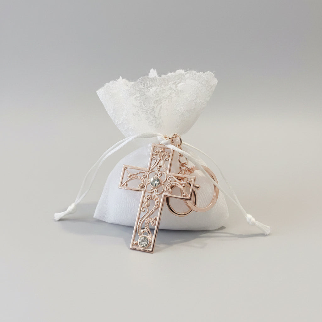 Bomboniere - Rose Gold Cross on Lace Top Pouch - 1