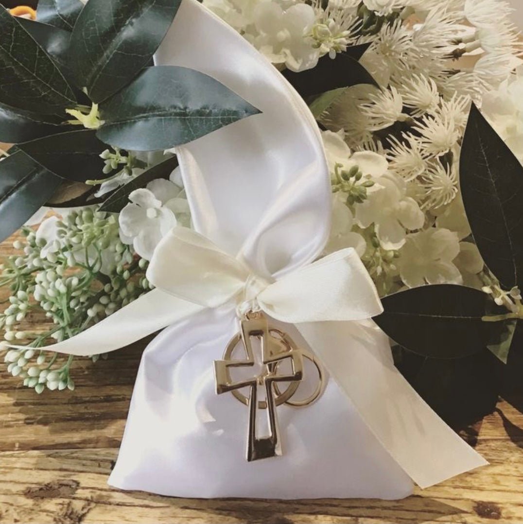 Bomboniere - Gold Cross Keyring on White Satin Pouch - 0