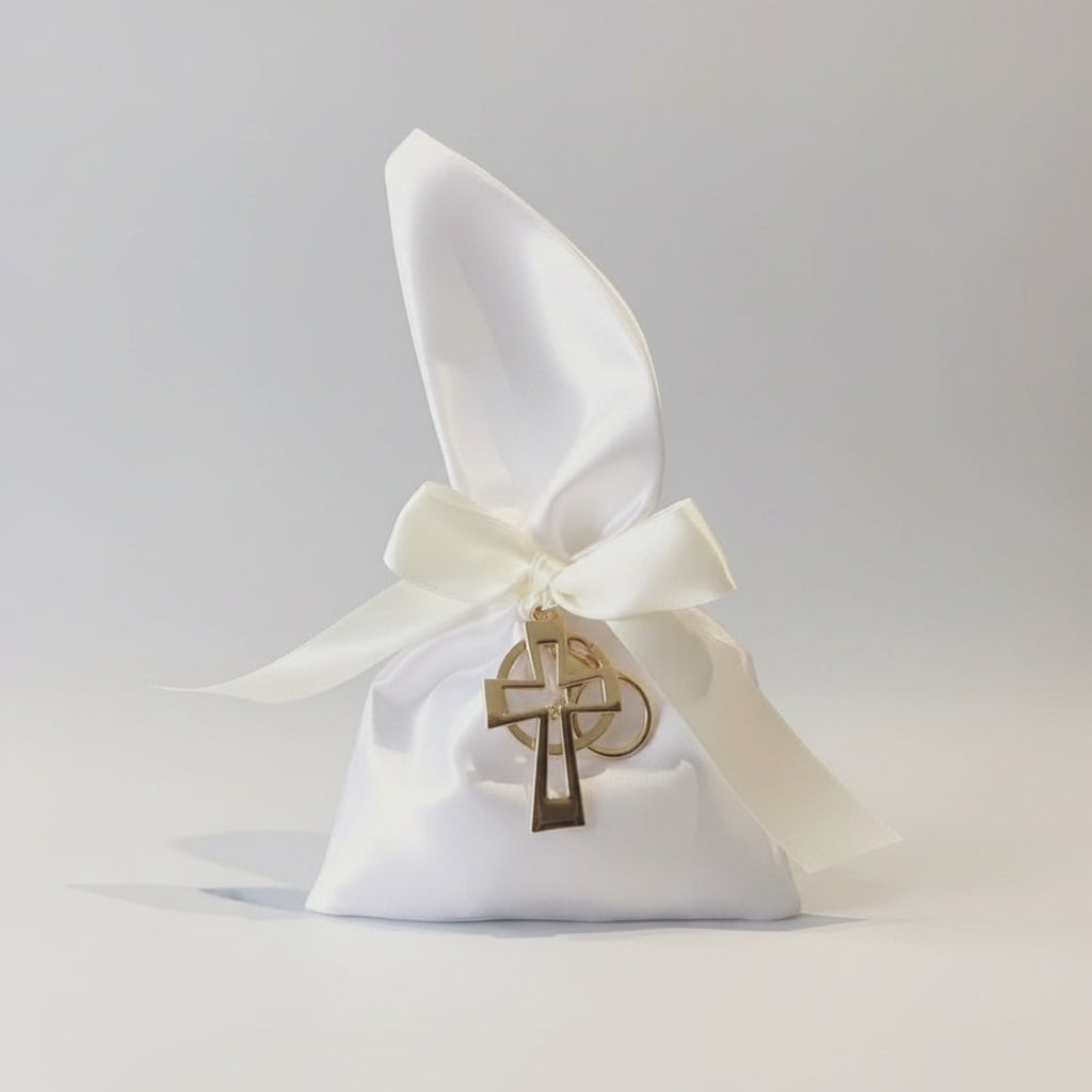 Bomboniere - Gold Cross Keyring on White Satin Pouch - 0