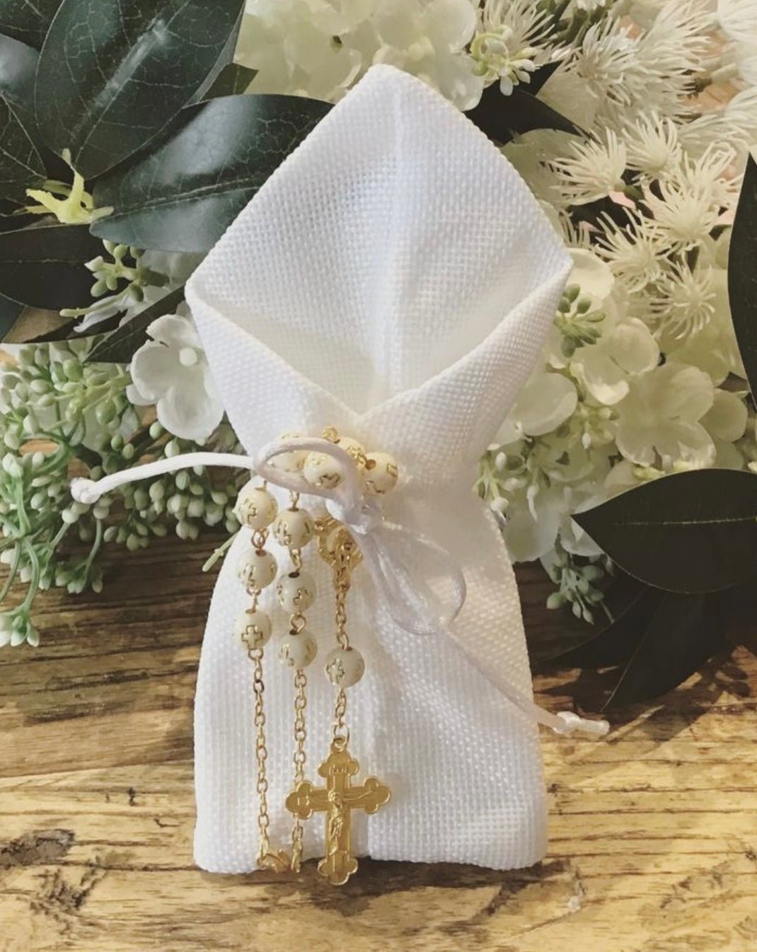 Bomboniere - Gold/Ivory Rosary on Jute Pouch - 1