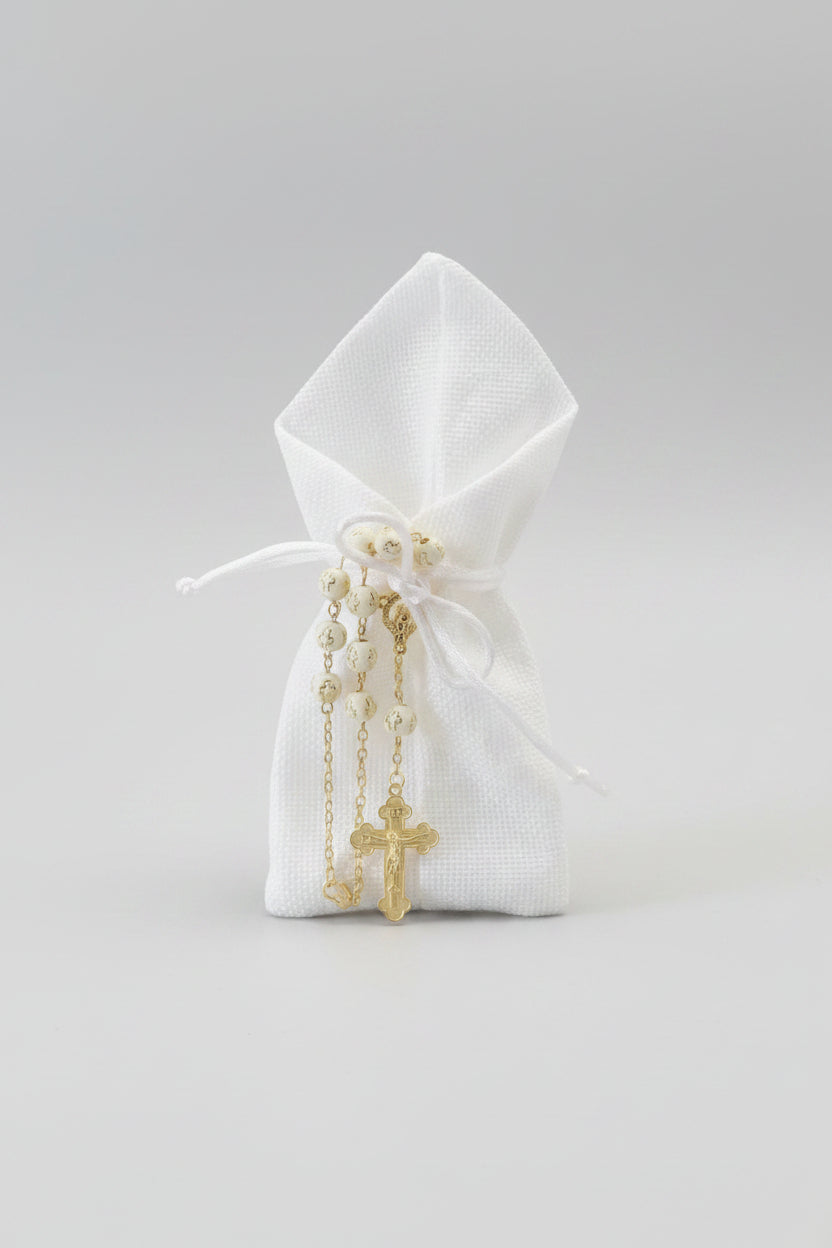 Bomboniere - Gold/Ivory Rosary on Jute Pouch - 1