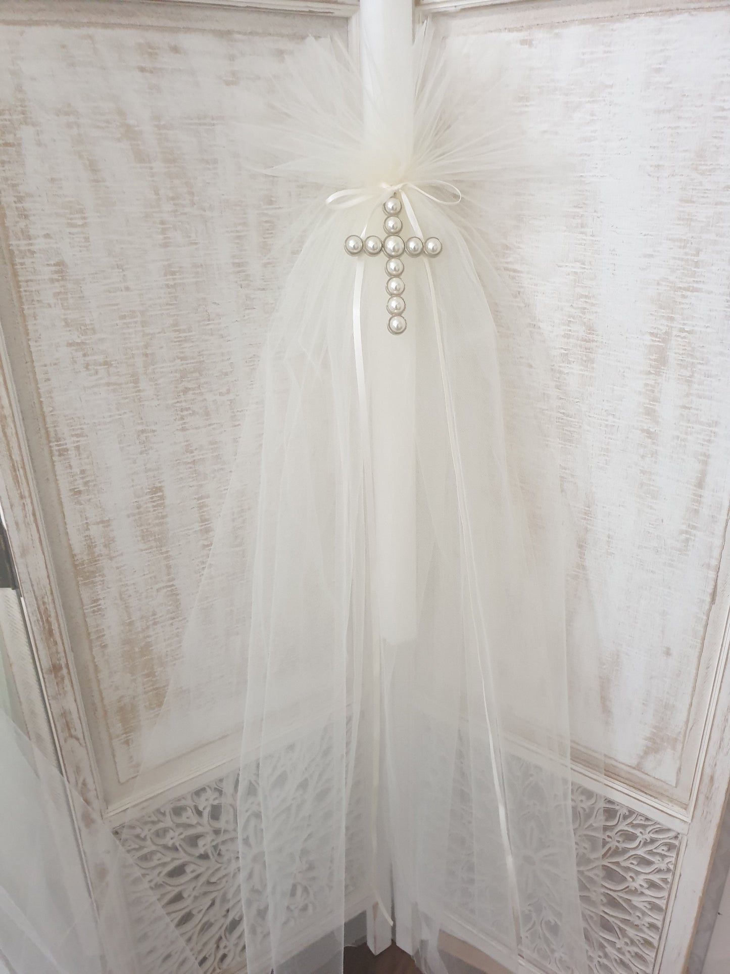 Orthodox Christening Candle - Large Pearl Cross | Pandora Designs Melbourne