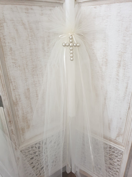 Orthodox Christening Candle - Large Pearl Cross | Pandora Designs Melbourne