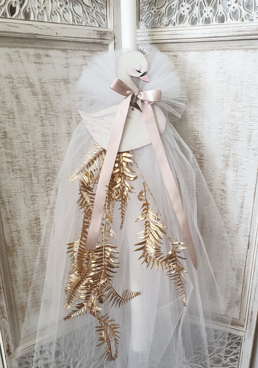 Orthodox Christening Candle - Swan with Gold Fern | Pandora Designs Melbourne