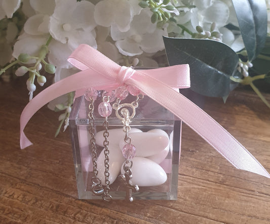 Acrylic Box with Pink Beaded Bracelet Rosary | Pandora Designs Melbourne