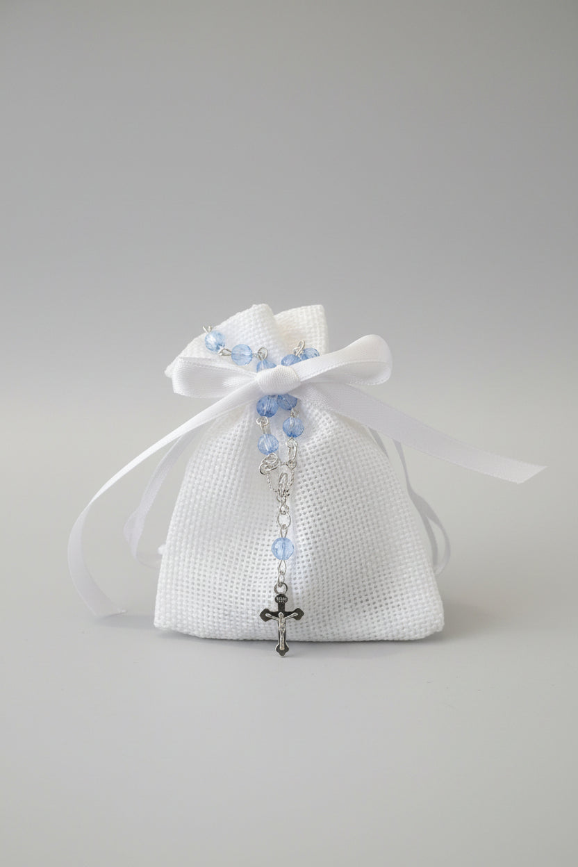 Bomboniere - Baby Blue Rosary on White Pouch