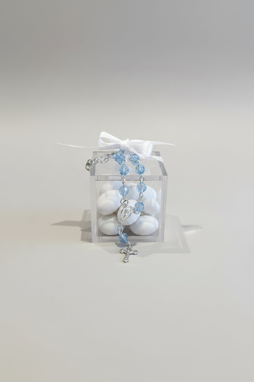 Bomboniere - Baby Blue Rosary on Small Acrylic Box
