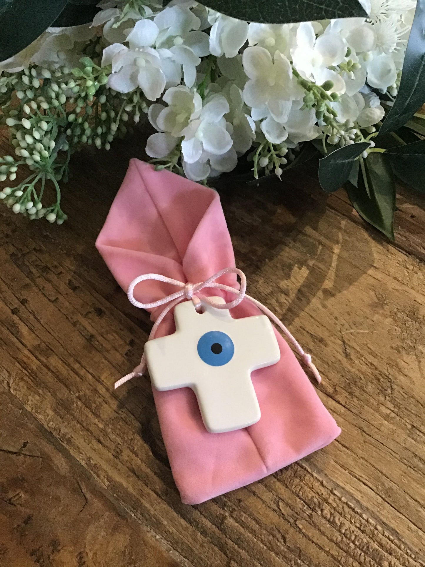 Bomboniere - Ceramic Cross on Velvet Pouch | Pandora Designs Melbourne