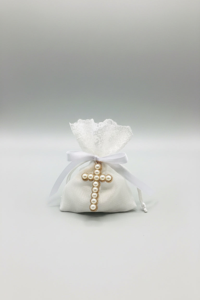 Bomboniere - Pearl/Gold Cross on Lace Top Pouch - 1