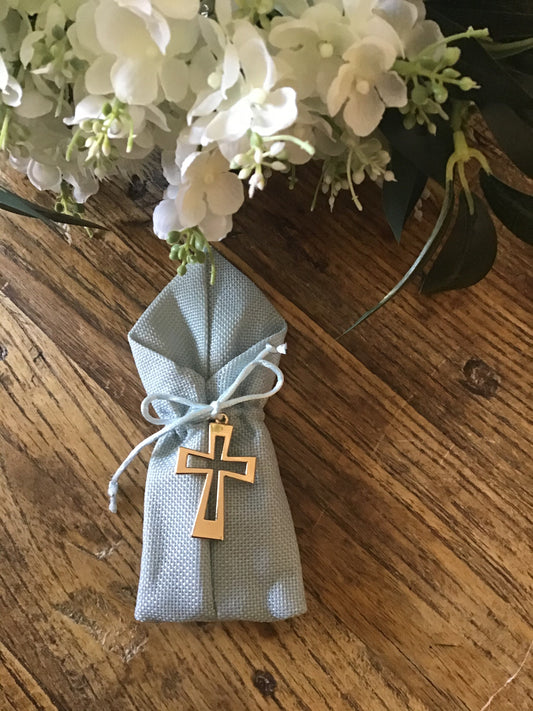 Bomboniere - Rose Gold Cross on Pastel Blue Jute Pouch - 2