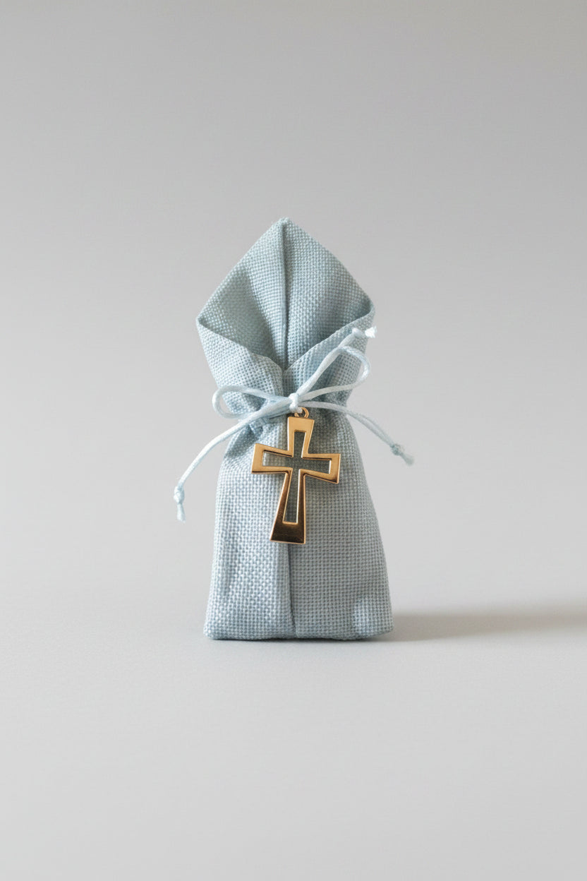 Bomboniere - Rose Gold Cross on Pastel Blue Jute Pouch - 2