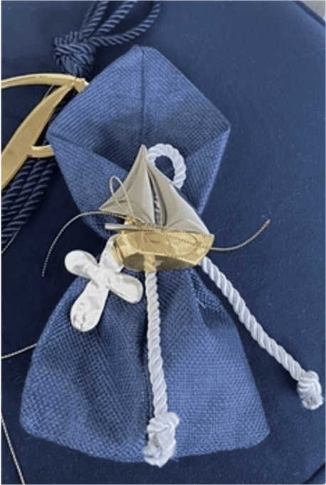 Bomboniere - Large Navy Pouch with Boat and Large Silver Cross Charm - 0