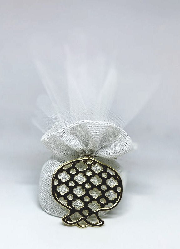 Bomboniere - Large Gold Pomegranate on Silver Threaded Pouch - 0