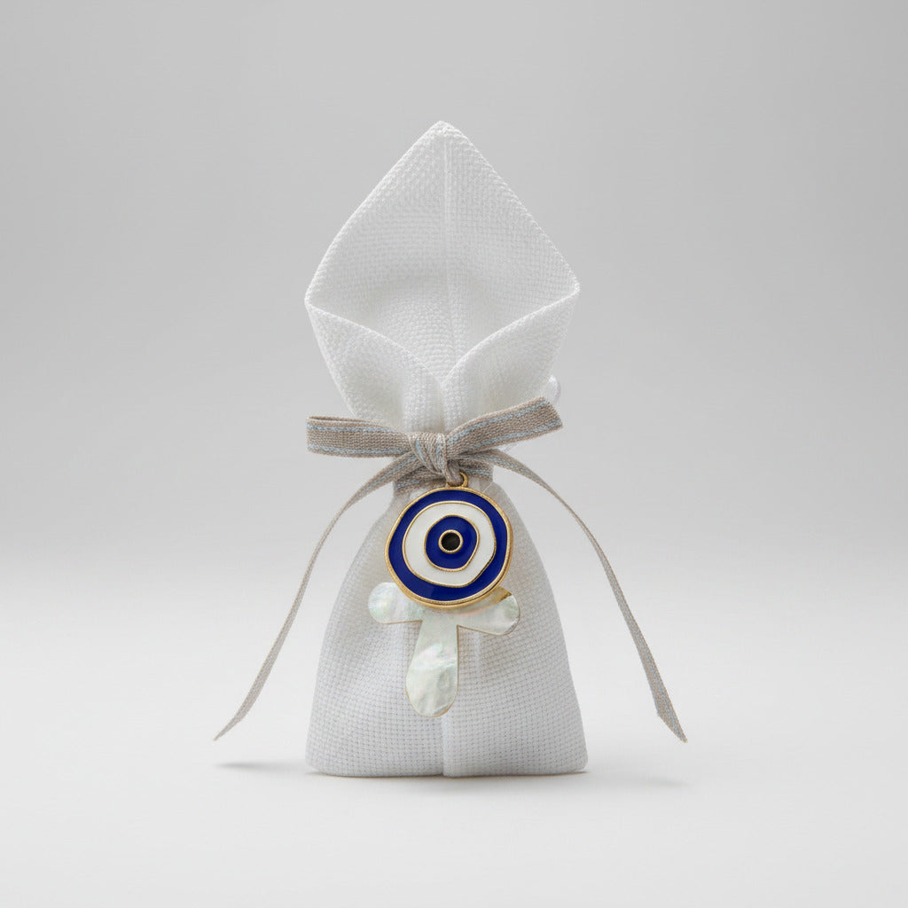 Bomboniere - White Pouch with Silver Cross and Mati Charm | Pandora Designs Melbourne