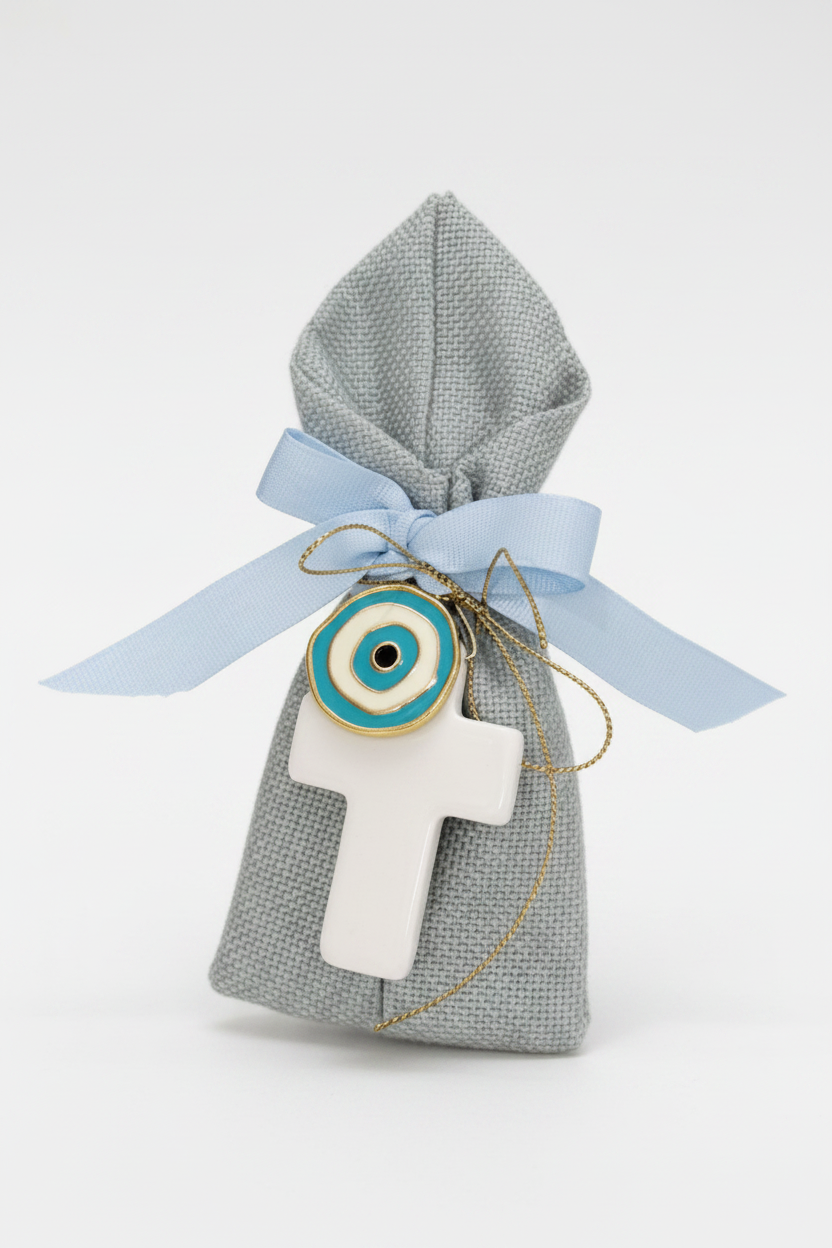 Bomboniere - Pastel Blue Pouch with White Cross and Mati Charm | Pandora Designs Melbourne