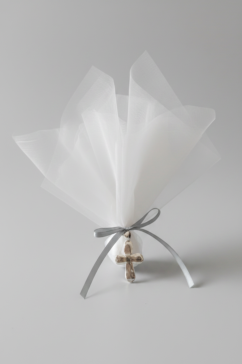 Bomboniere - Tall Organza with Silver Cross - 1