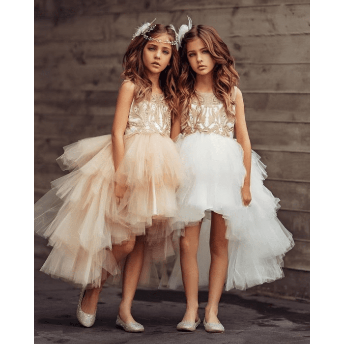 Rose gold and cheap white flower girl dress