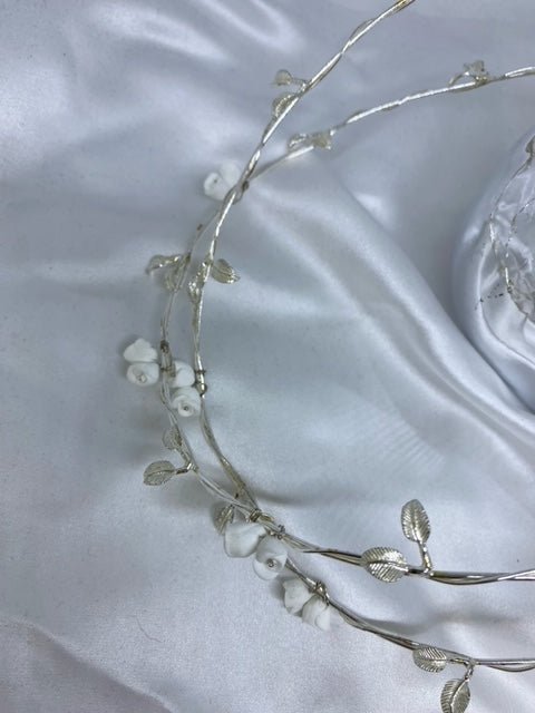 Wedding Crowns (Stefana) - Silver Leaf & Porcelain Flower | Pandora Designs Melbourne
