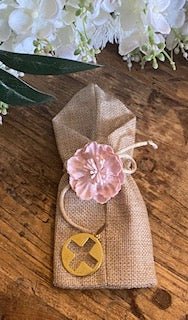 Bomboniere - Pink Flower and Cross on Natural Jute Pouch | Pandora Designs Melbourne