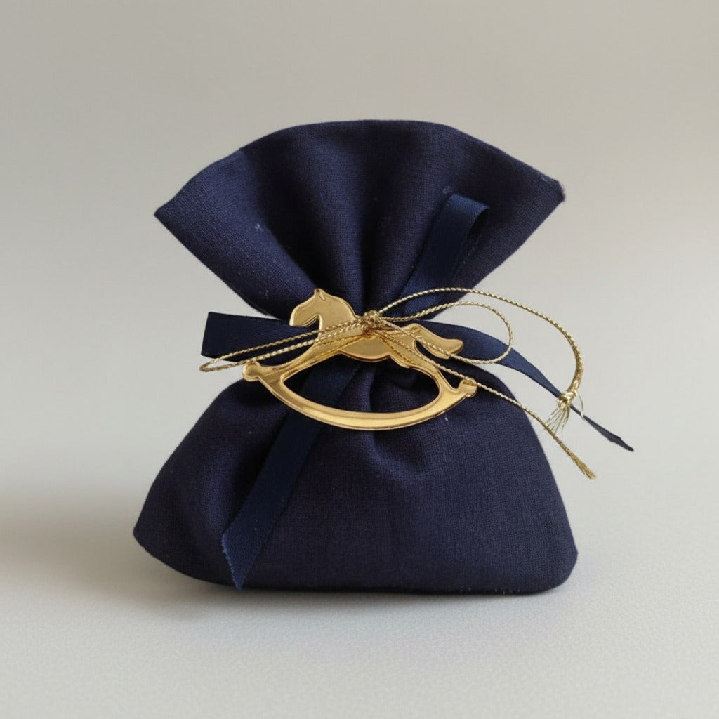 Bomboniere - Navy Handmade Pouch with Gold Rocking Horse | Pandora Designs Melbourne