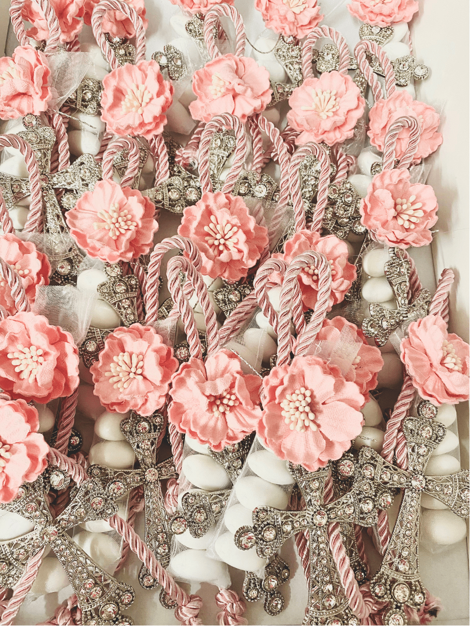 Bomboniere - Pink Flower and Large Diamonte Cross Charm on Rope | Pandora Designs Melbourne