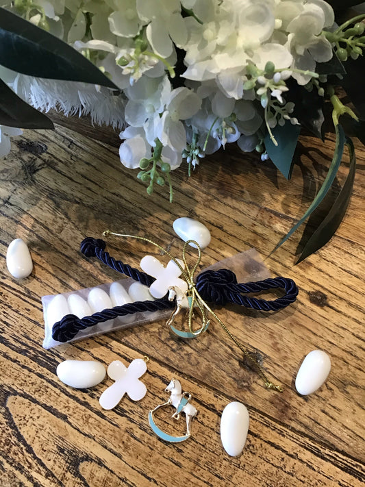 Bomboniere - Baby Blue and Gold Rocking Horse with Cross Charm on Rope - 1