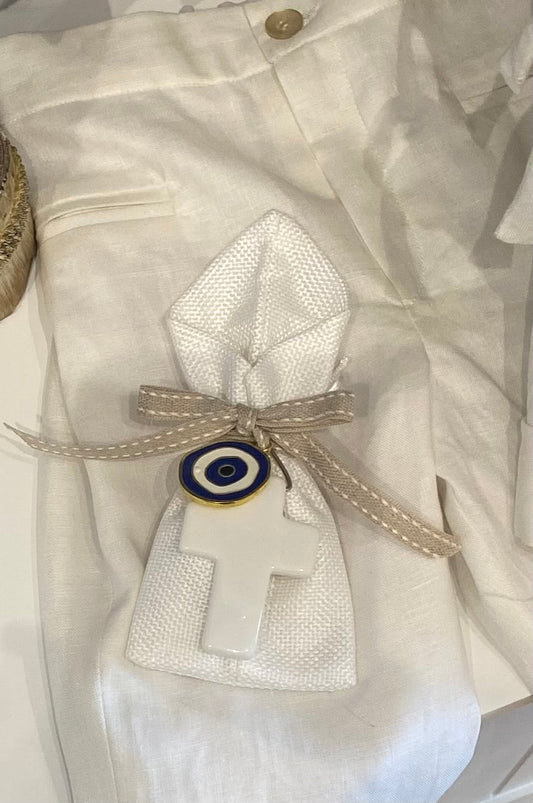Bomboniere - White Pouch with White Cross and Mati Charm | Pandora Designs Melbourne