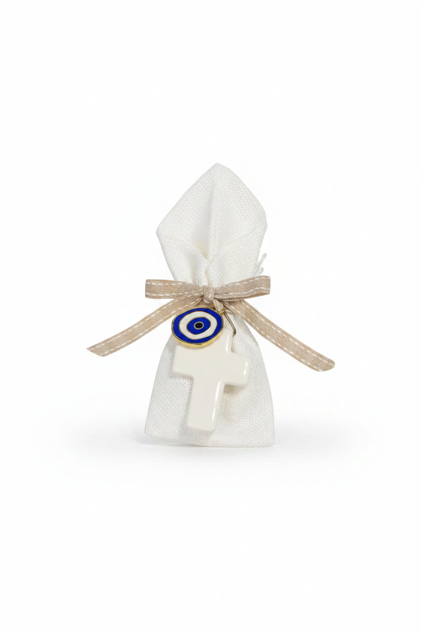 Bomboniere - White Pouch with White Cross and Mati Charm | Pandora Designs Melbourne