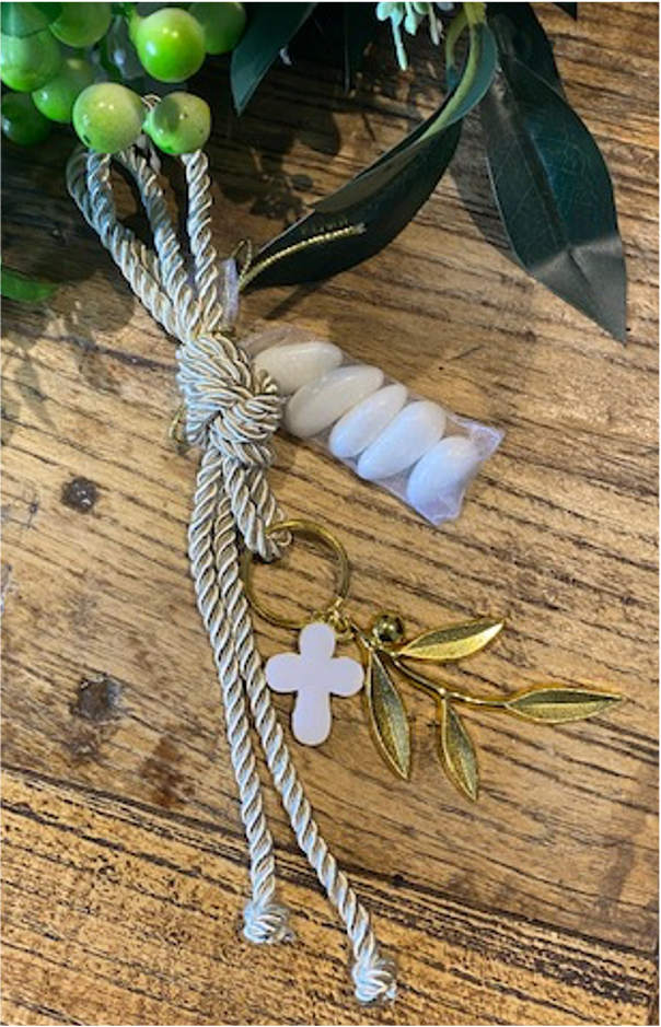 Bomboniere - Large Gold Olive Branch Keyring and Cross on Rope - 2