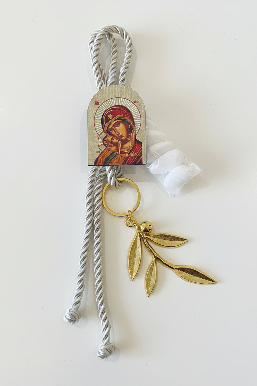 Bomboniere - Large Gold Olive Branch Keyring and Arched Icon on Rope - 1