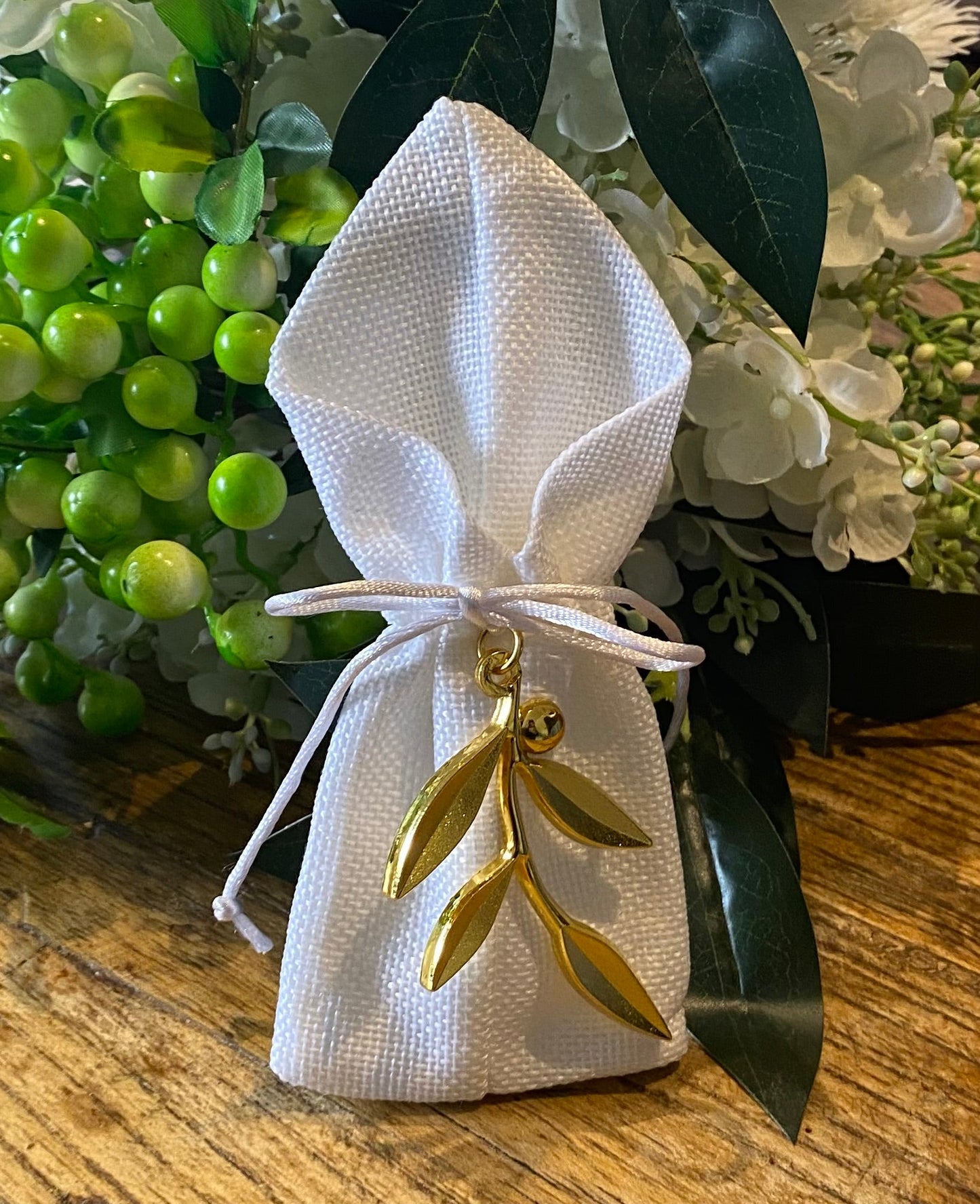 Bomboniere - Large Gold Olive Branch Charm on Jute Pouch - 0