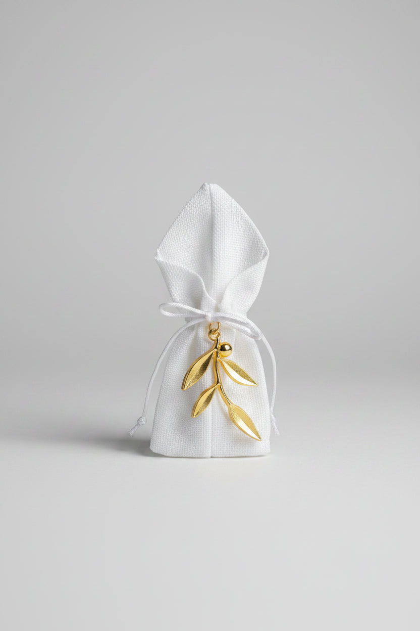 Bomboniere - Large Gold Olive Branch Charm on Jute Pouch - 0