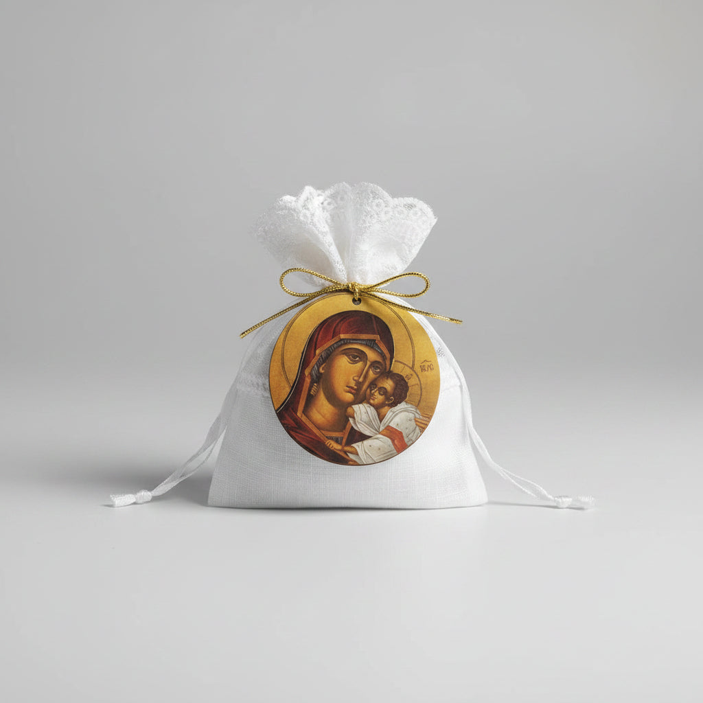 Bomboniere - Round Wooden Icon on Lace Pouch - 1