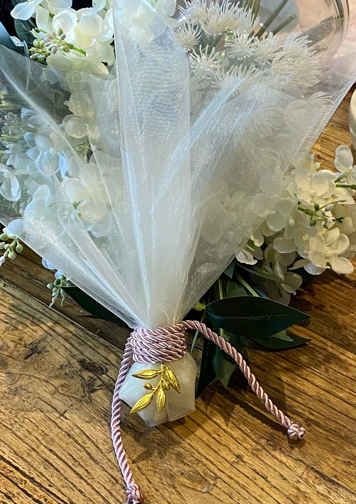 Bomboniere - Dusty Pink Rope with Olive Branch on Tall Organza - 0