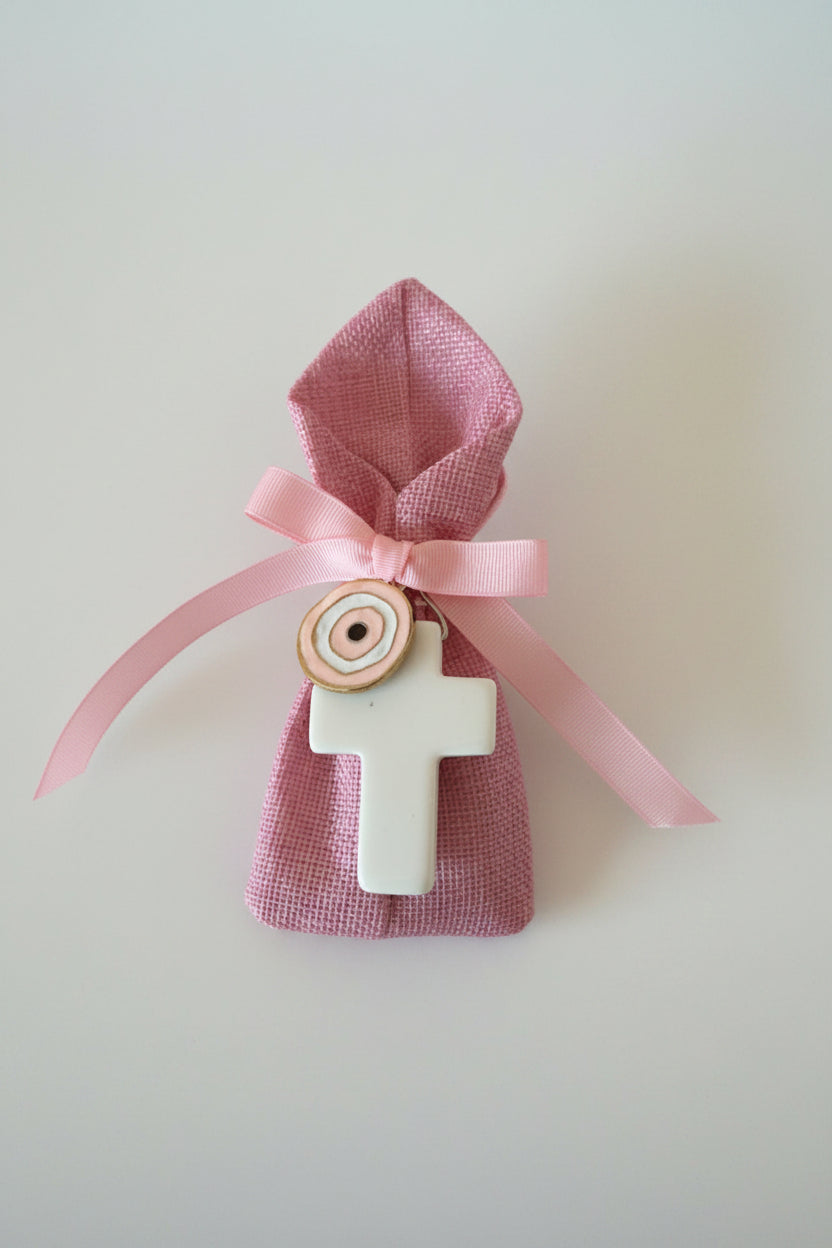 Bomboniere - Pink Pouch with White Cross and Mati Charm | Pandora Designs Melbourne