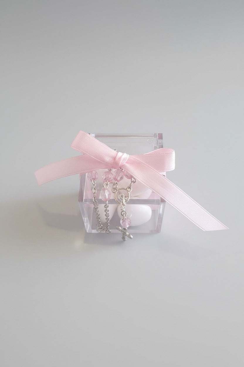 Acrylic Box with Pink Beaded Bracelet Rosary | Pandora Designs Melbourne