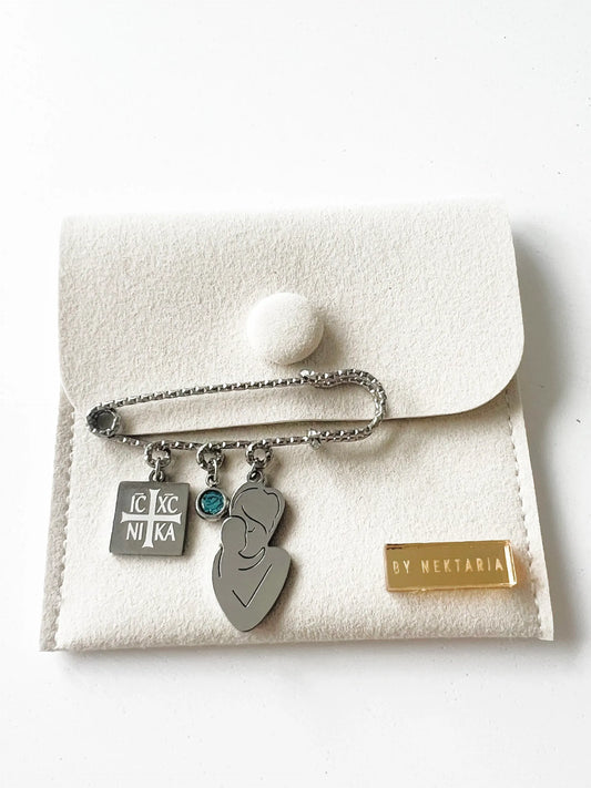 Silver Panagia & Christ charm, traditional ICXC NIKA cross and blue accent protection pin