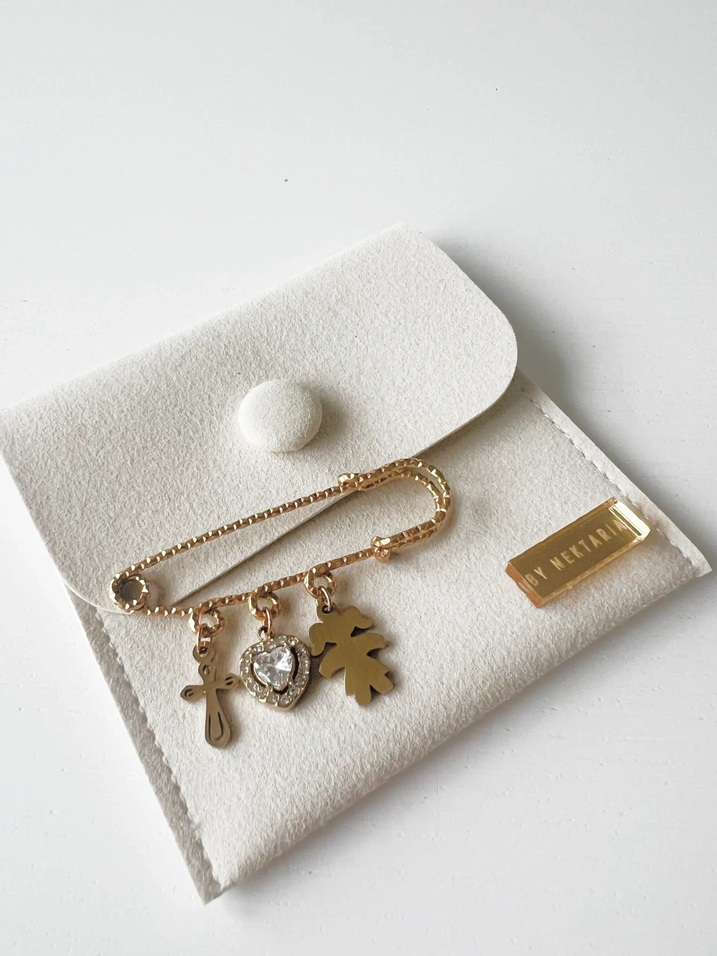 Gold Cross, sparkling heart and girl charm protection pin