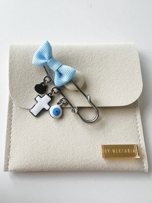 Protection White Cross, Silver heart Blue Mati Φυλαχτό Protection Pin
