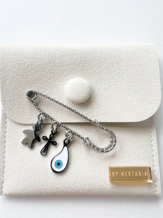 Silver protection pin featuring white mati charm, cross & angel charm