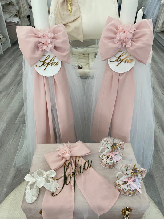 Orthodox Christening Candle - Pink Georgette Bow