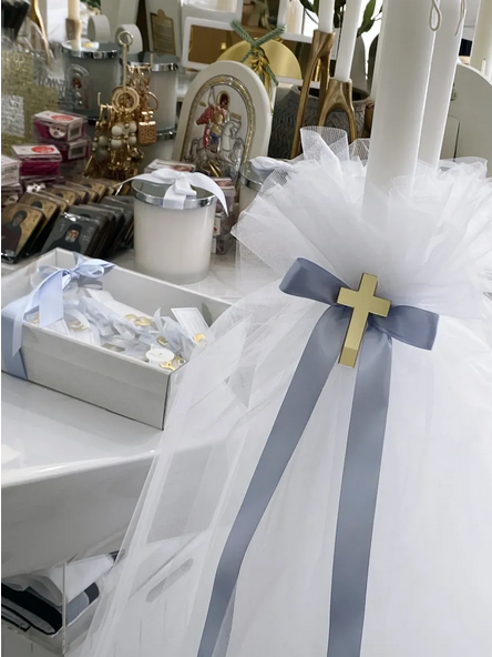 Orthodox Christening Candle - Baby Blue with Gold Cross