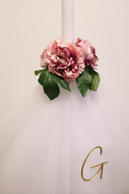 Orthodox Christening Candle - Peonie Dream with Gold Personalised Initial