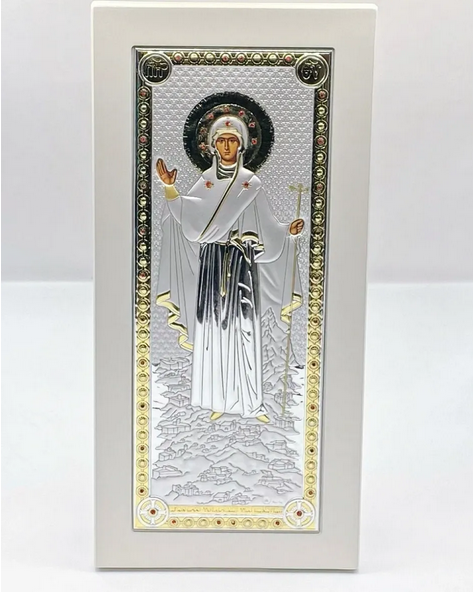 Mary of Athos Icon- White Wooden Rectangular Frame